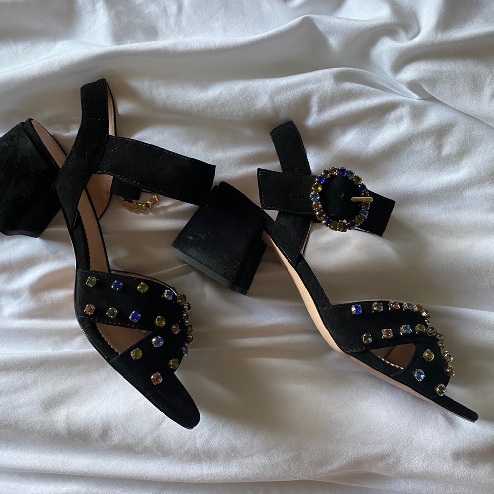 J crew Sparkle Jeweled Black Suede Block Heel